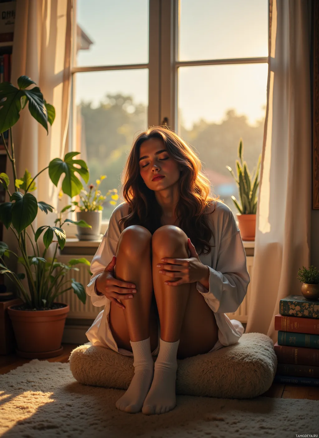 A woman sits by a window, wrapped in sunlight, with her legs crossed and hands resting on her knees.