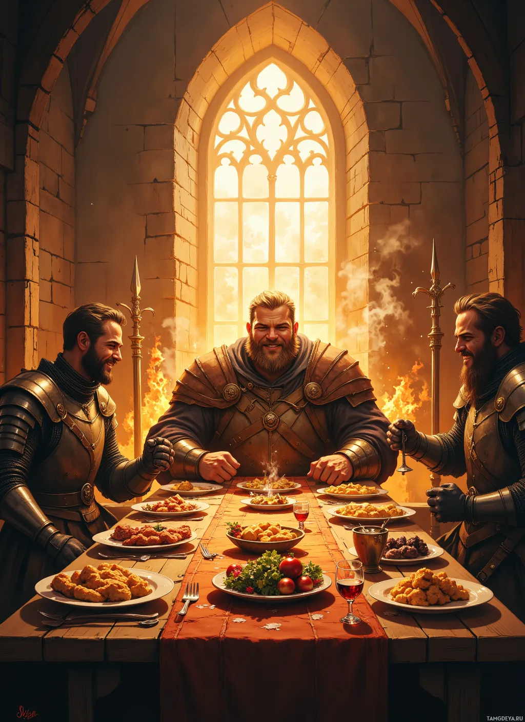 Three armored figures share a meal in a medieval setting with a large window in the background.