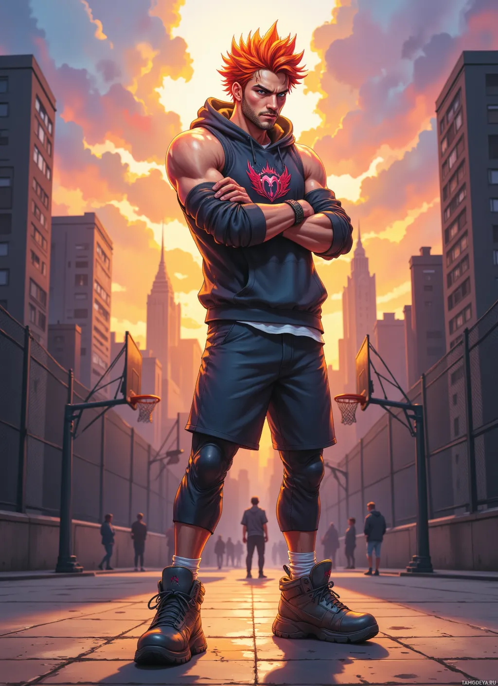 A muscular man in a hoodie and shorts stands confidently with arms crossed, set against a cityscape at sunset.