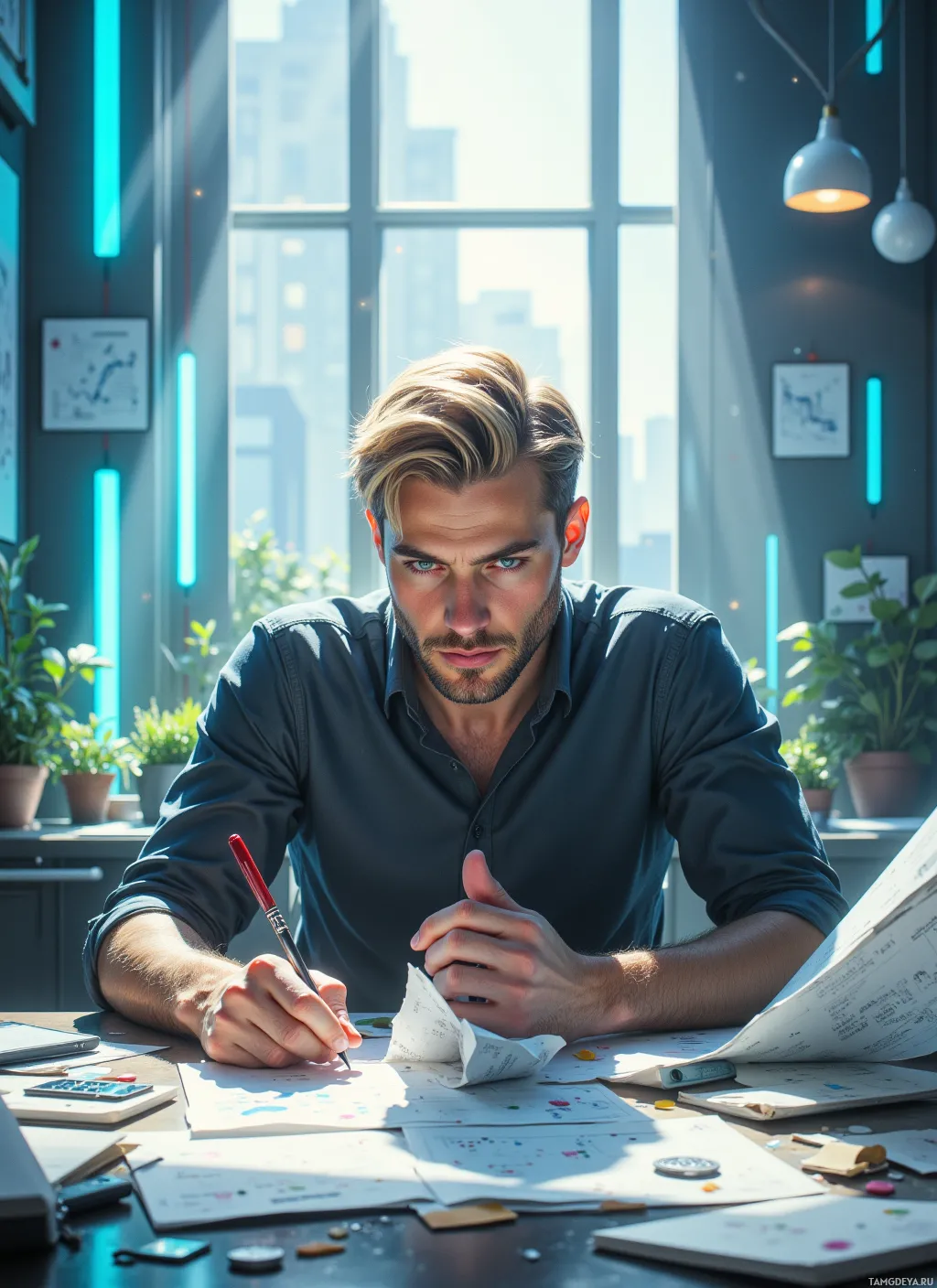 A man is working at a desk in a modern office, surrounded by papers and a cityscape view.
