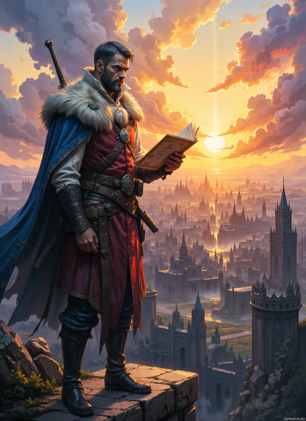 A knight in armor stands on a cliff overlooking a cityscape at sunset.
