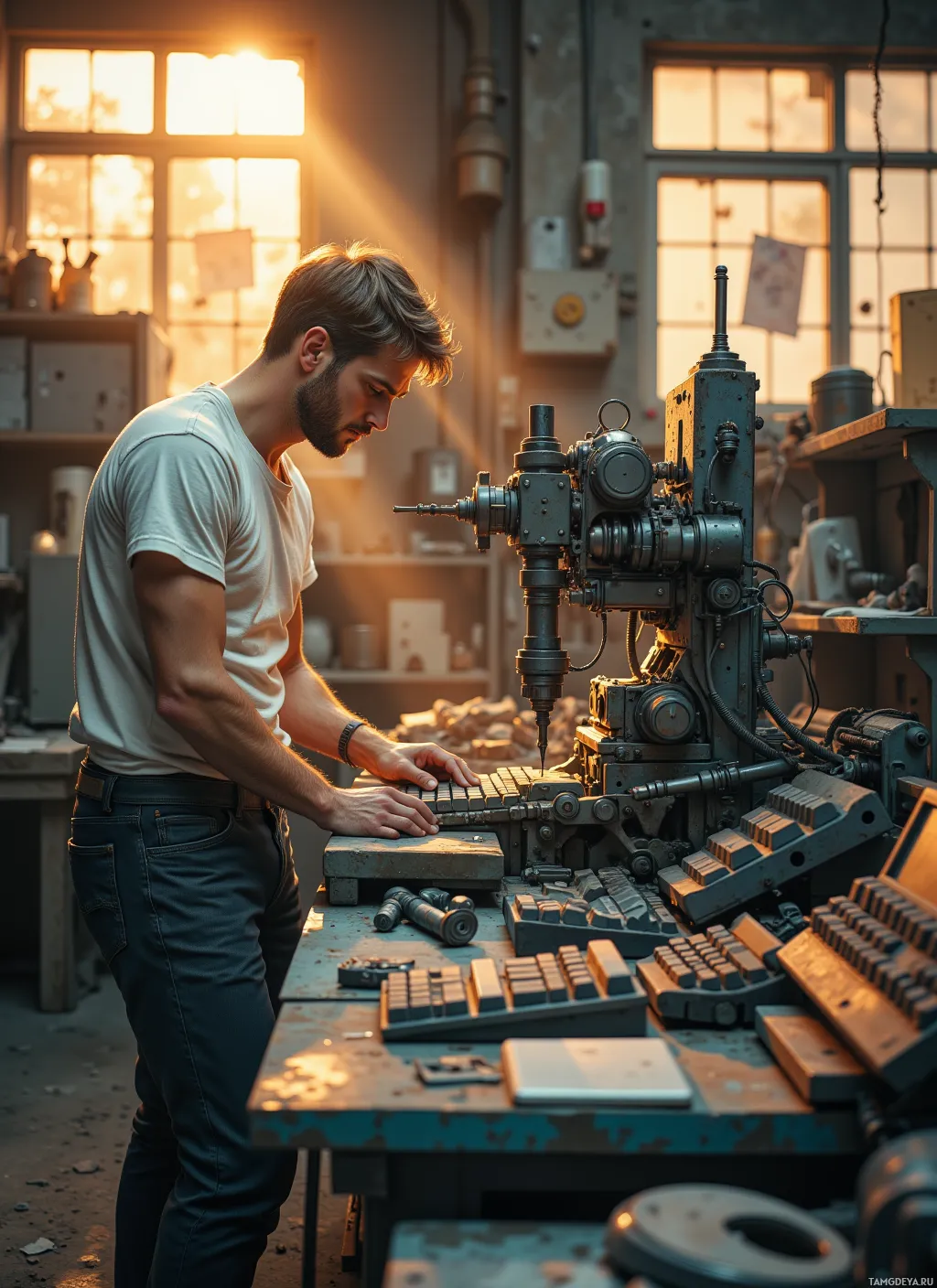 A man works on a machine in a workshop with sunlight streaming through the windows.