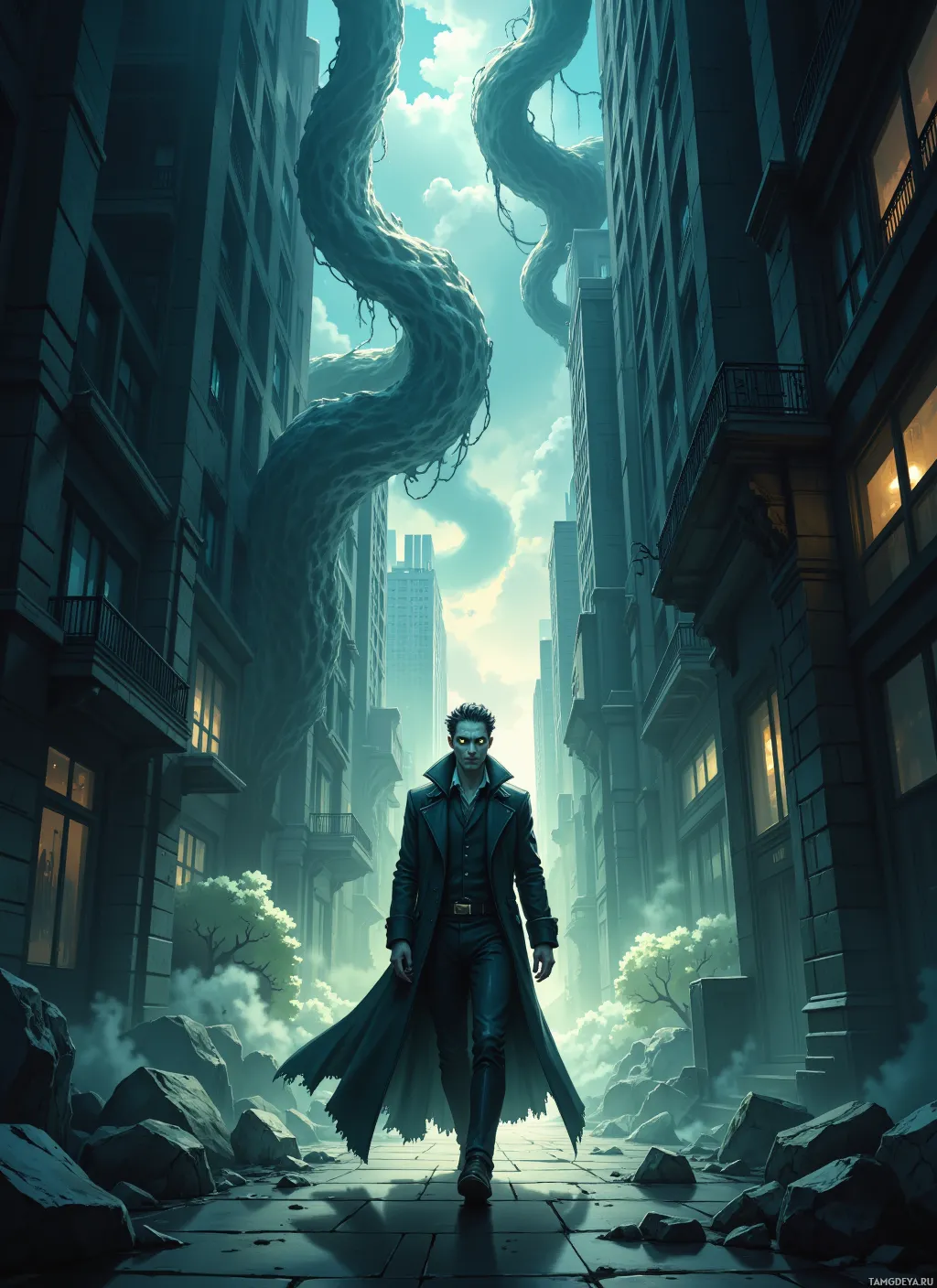 A man in a long coat walks down a city street with a giant tentacle looming overhead.