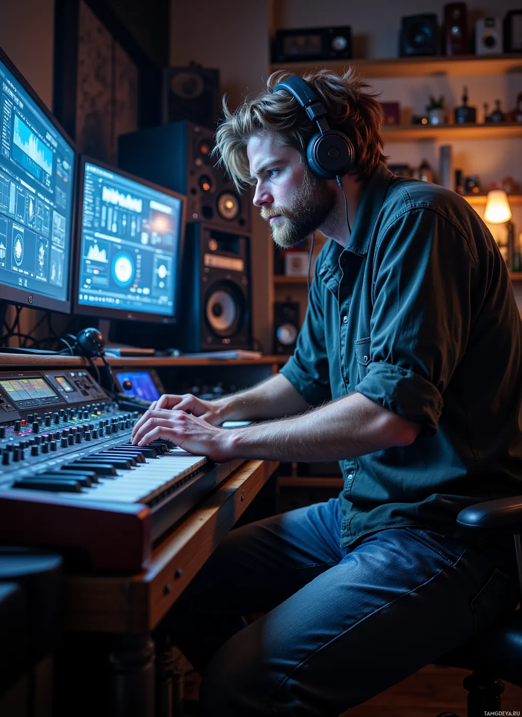 A person wearing headphones is seated at a music production setup, working on a keyboard and using computer monitors.