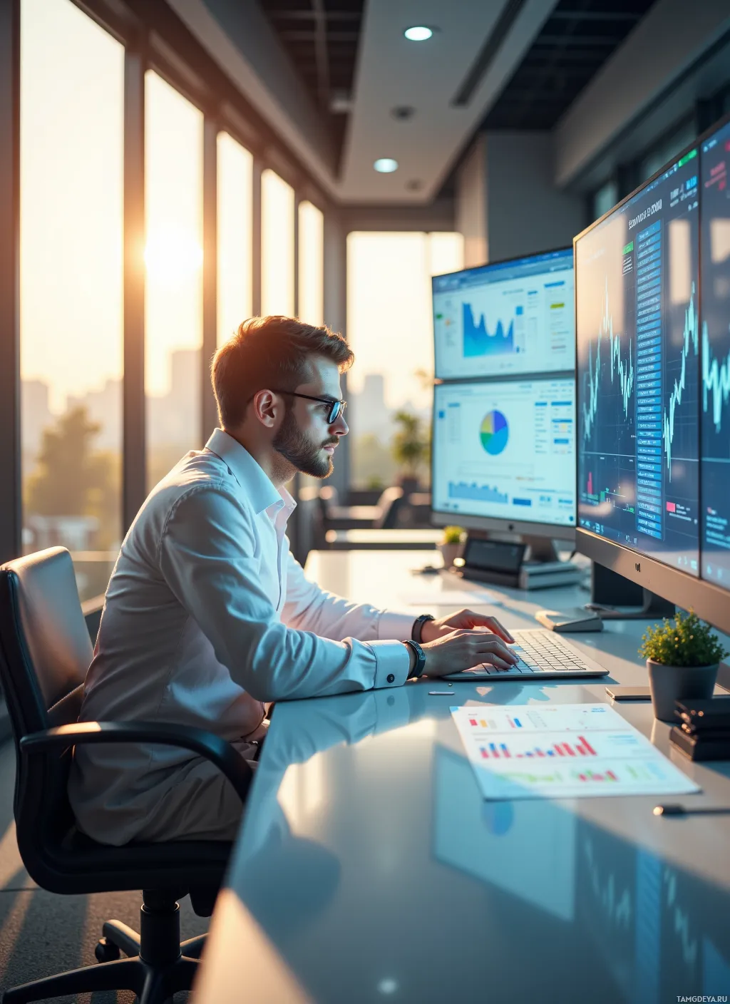 A man works at a desk with multiple monitors displaying financial data in a modern office setting.