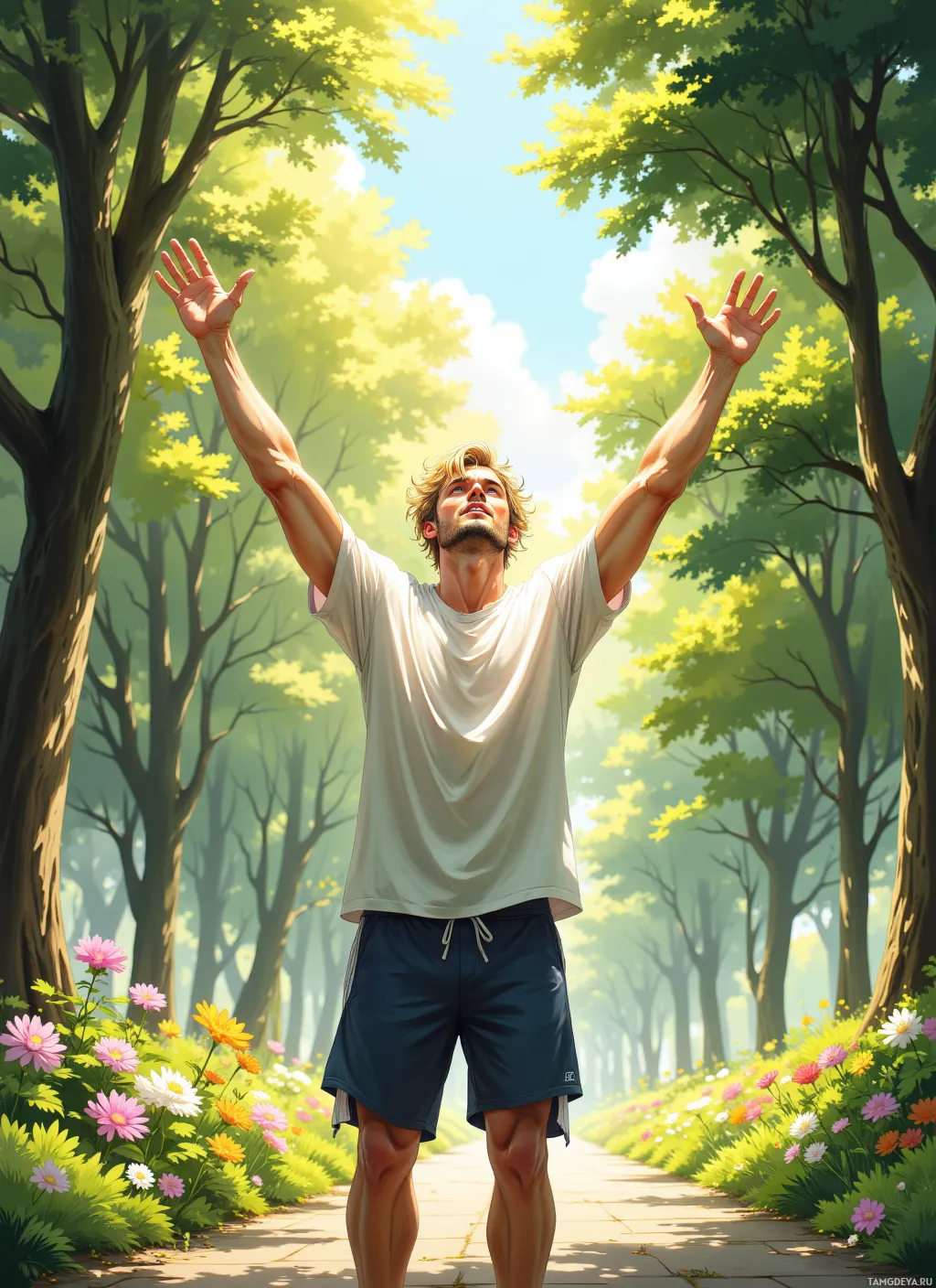 A man stands in a forest with arms raised, surrounded by vibrant flowers and lush greenery.
