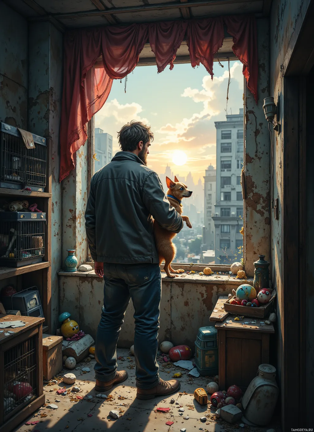 A man and his dog stand on a cluttered rooftop, gazing at the city skyline at sunset.