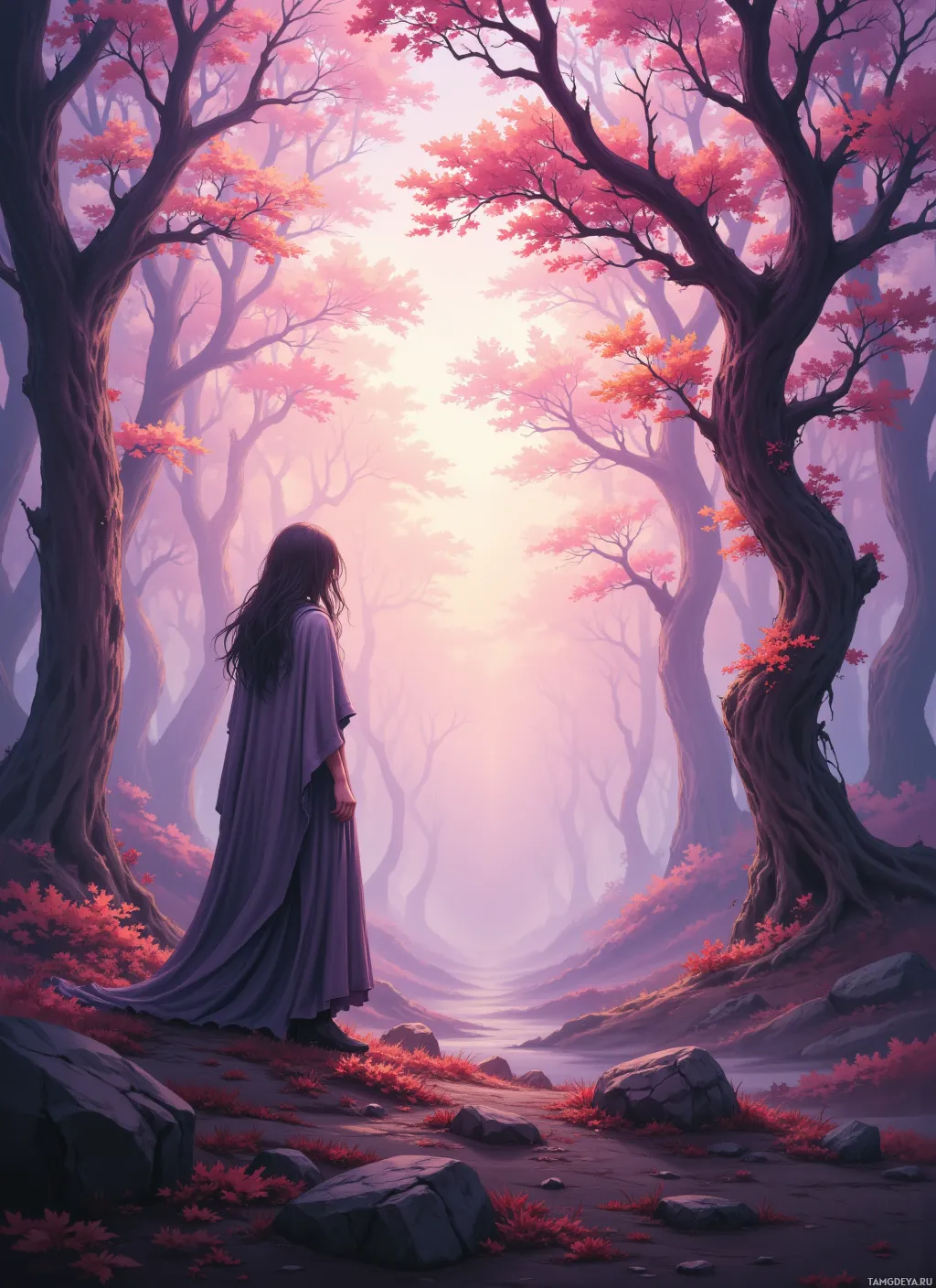 A woman in a long robe stands in a mystical forest with pink and purple hues.