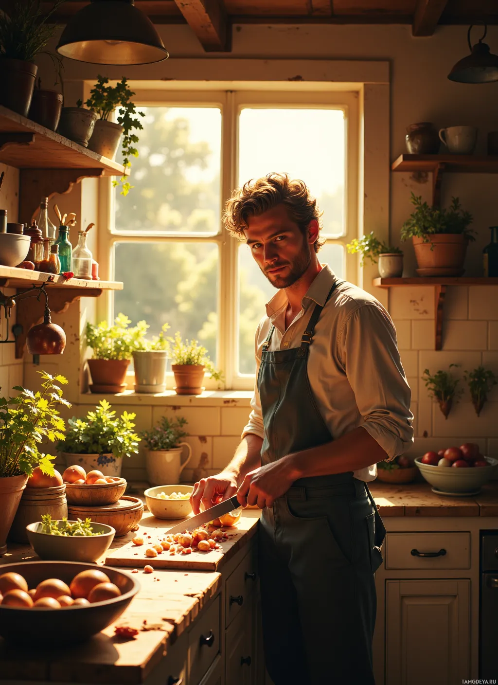 A man in a kitchen wearing an apron, chopping vegetables on a cutting board.