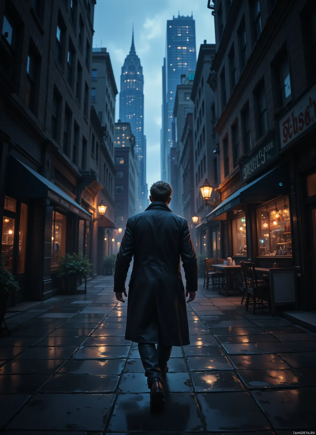 A man in a leather coat walks down a dimly lit alleyway with illuminated storefronts and a towering skyscraper in the background.