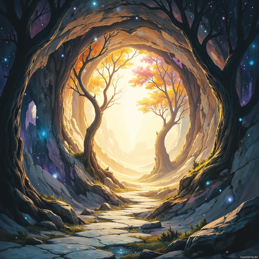A mystical cave entrance with glowing trees and a bright light at the end.
