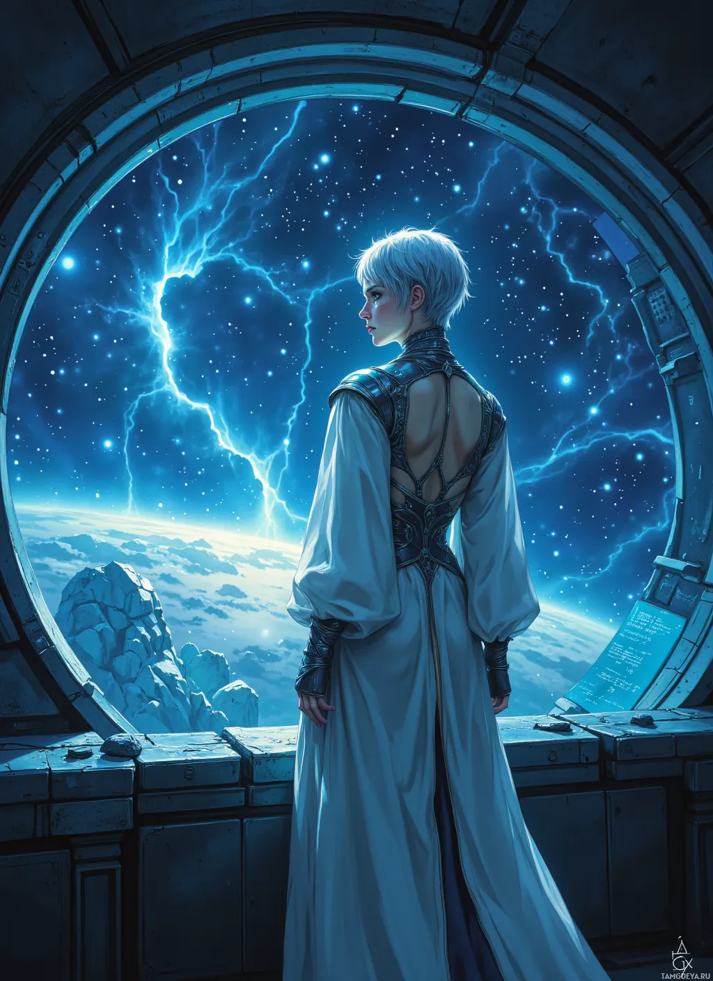 A figure in a flowing robe stands at a circular window, gazing out at a starry sky and distant planet.