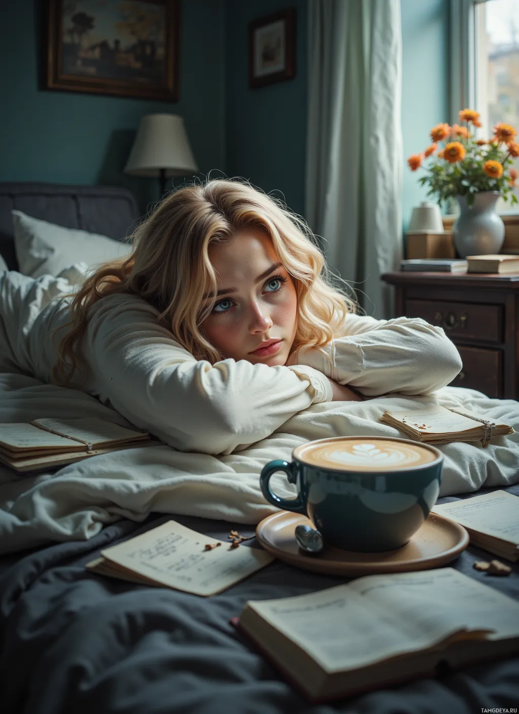 A person lounging on a bed with a cup of coffee, an open book, and a vase of flowers nearby.