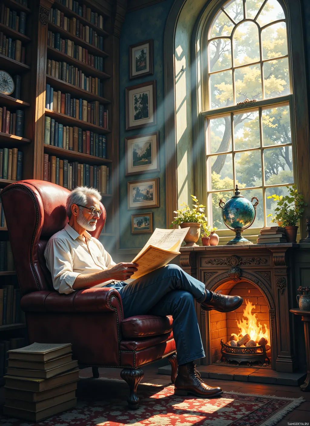 An elderly man sits in a leather armchair by a fireplace, reading a book in a cozy library with sunlight streaming through a large window.