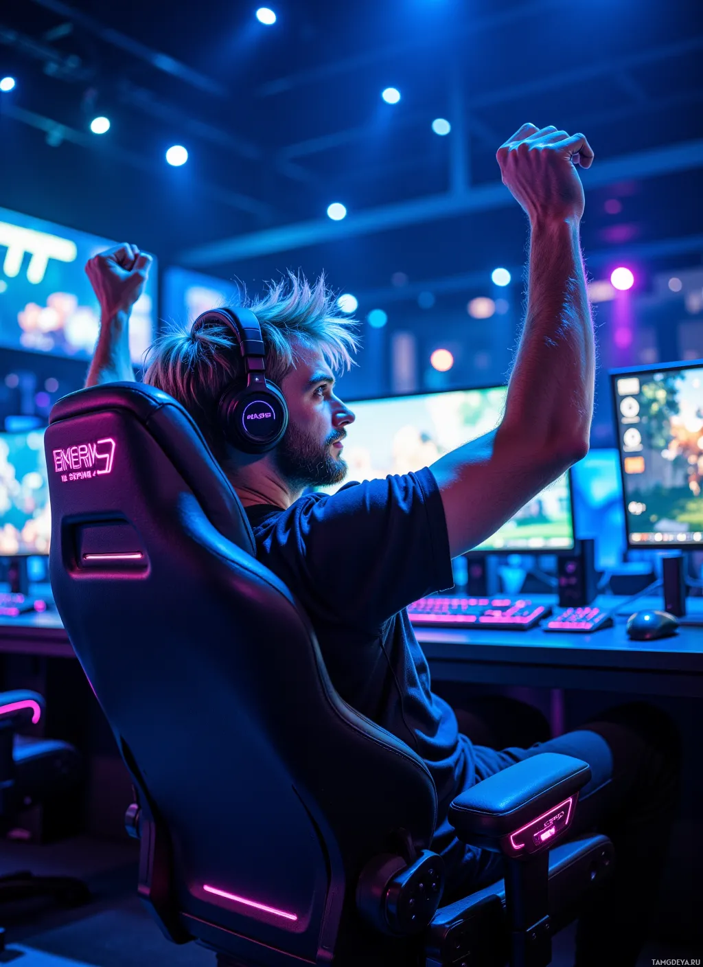 A person celebrates while gaming in a vibrant, neon-lit room.