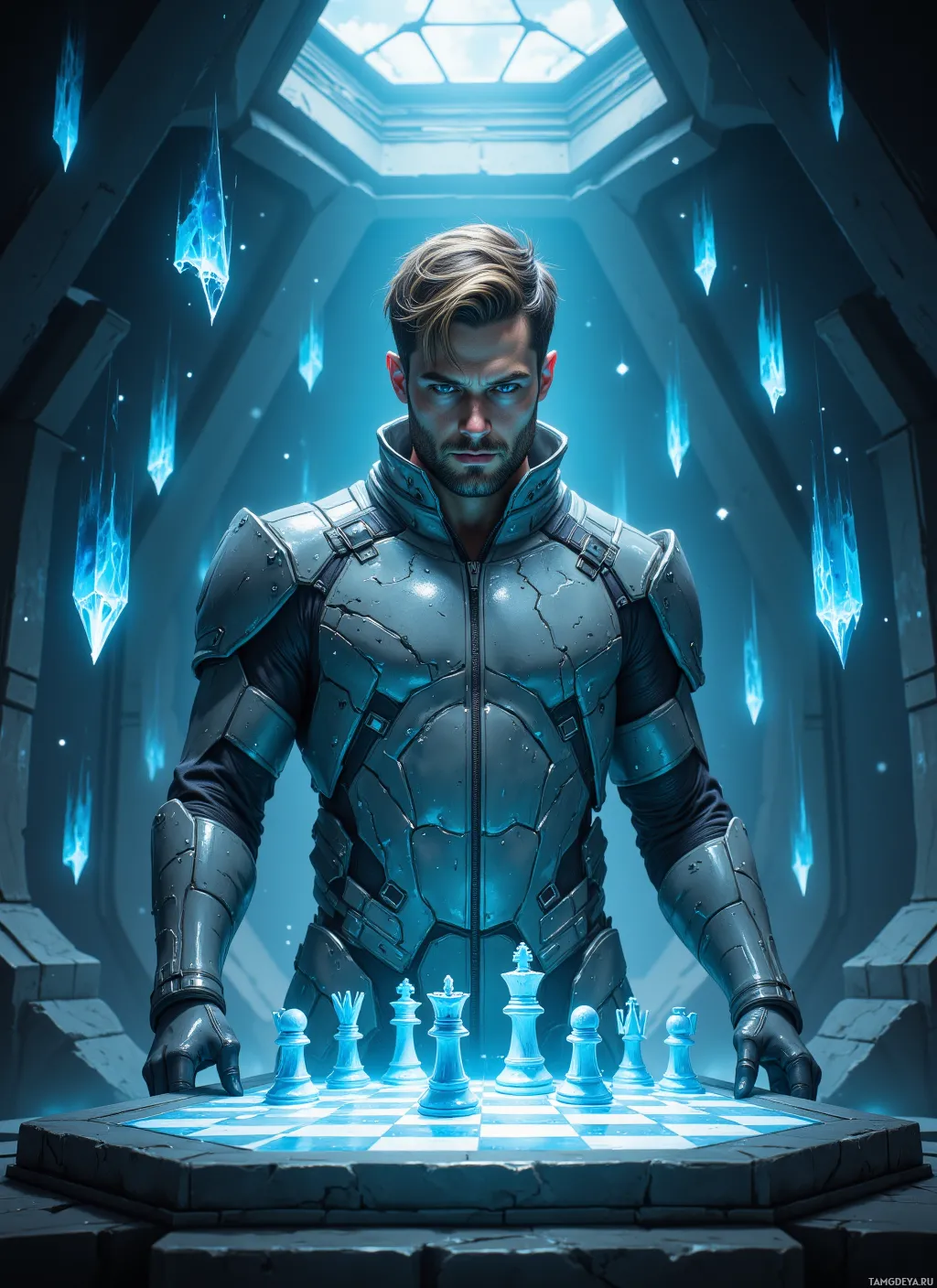 A man in futuristic armor stands before a glowing chessboard.