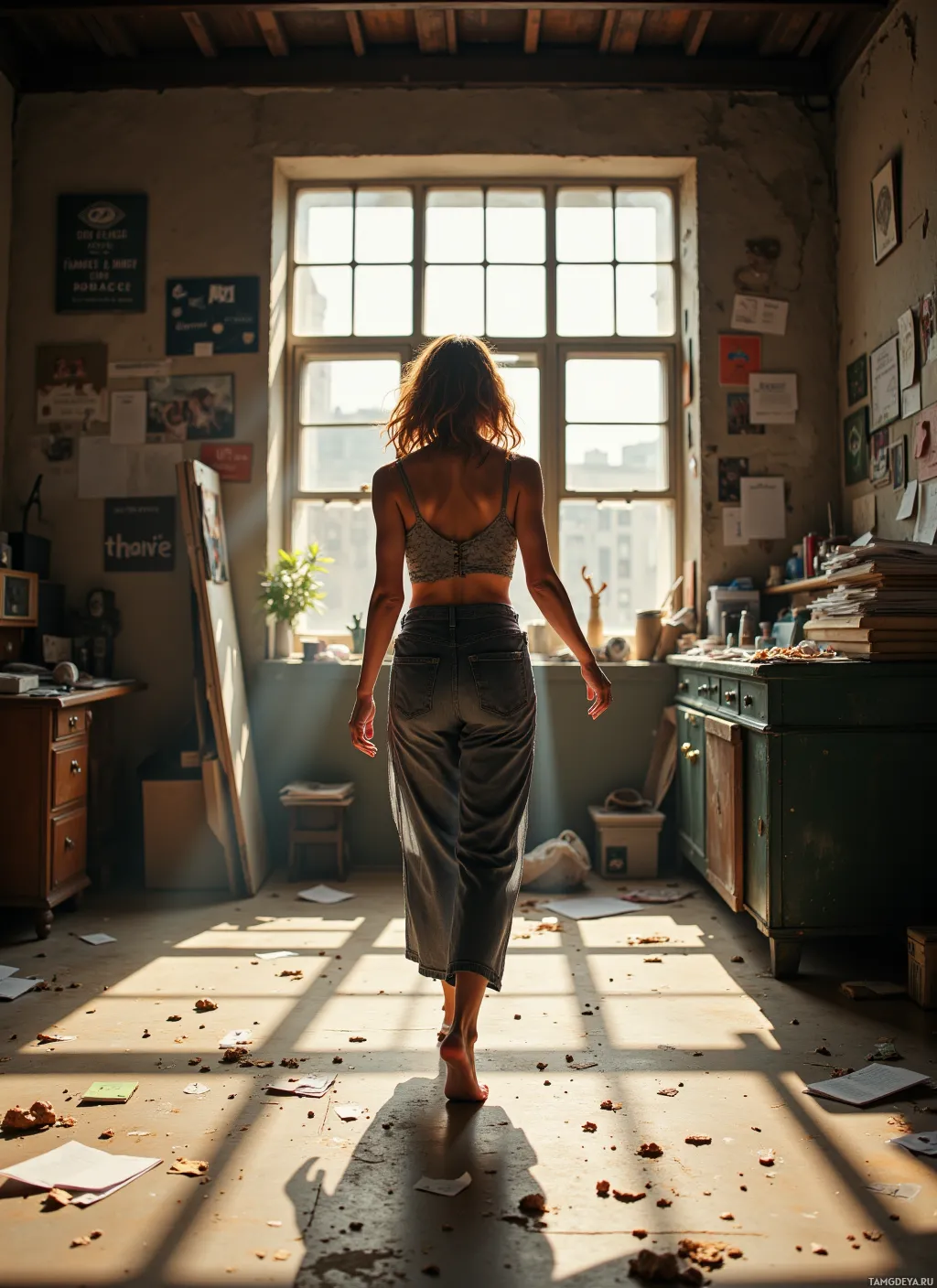 A person walks barefoot through a cluttered room towards a bright window.