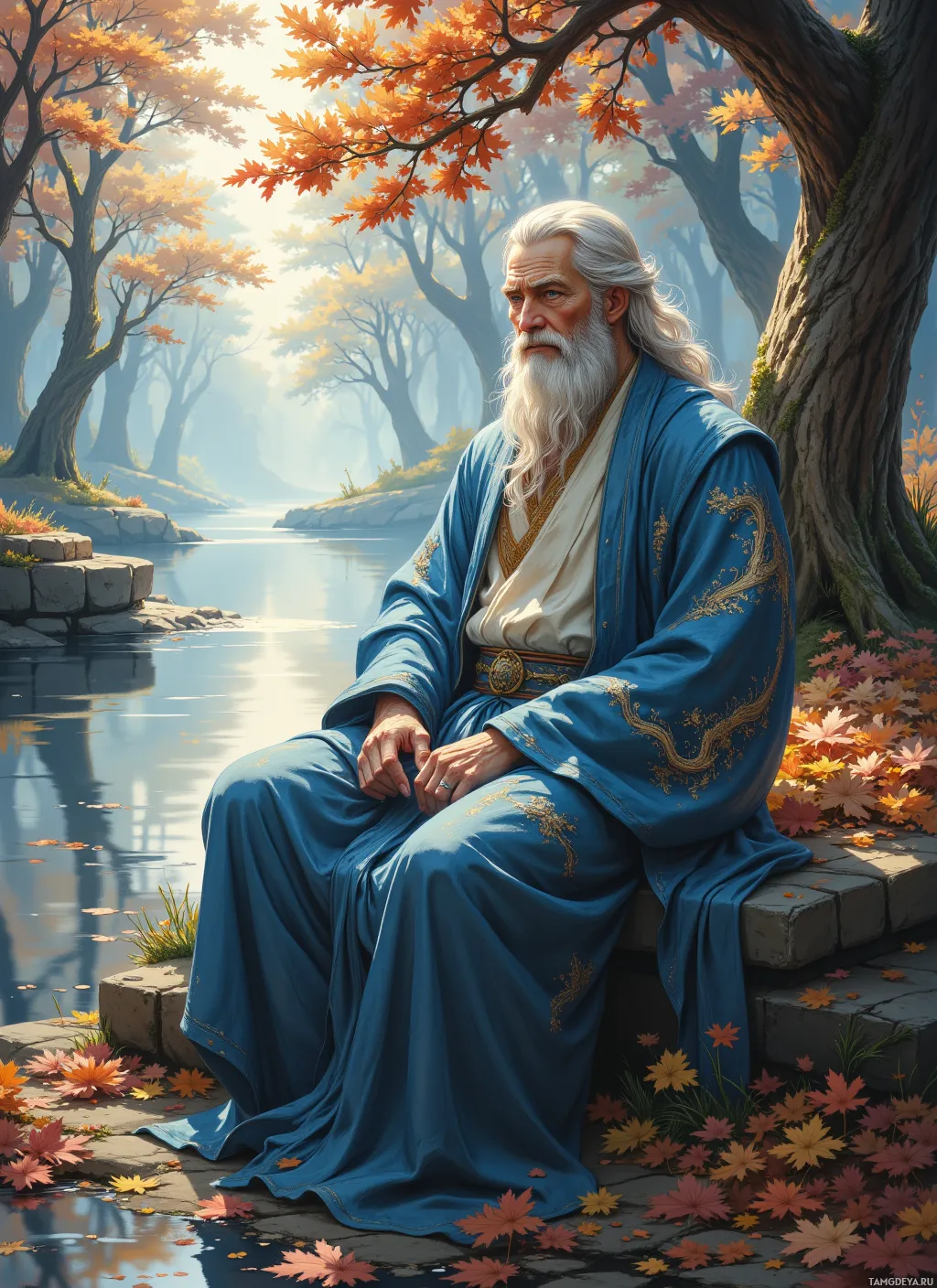 An elderly man with a long white beard and flowing white hair sits on a stone bench by a serene river, surrounded by autumn foliage and trees.