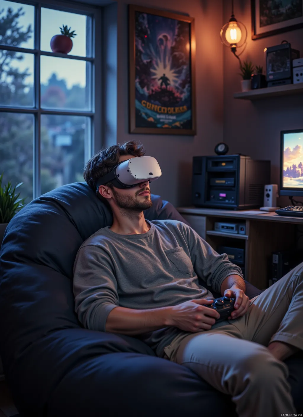 A person wearing a VR headset sits in a bean bag chair, holding a controller, with a cozy room setup in the background.