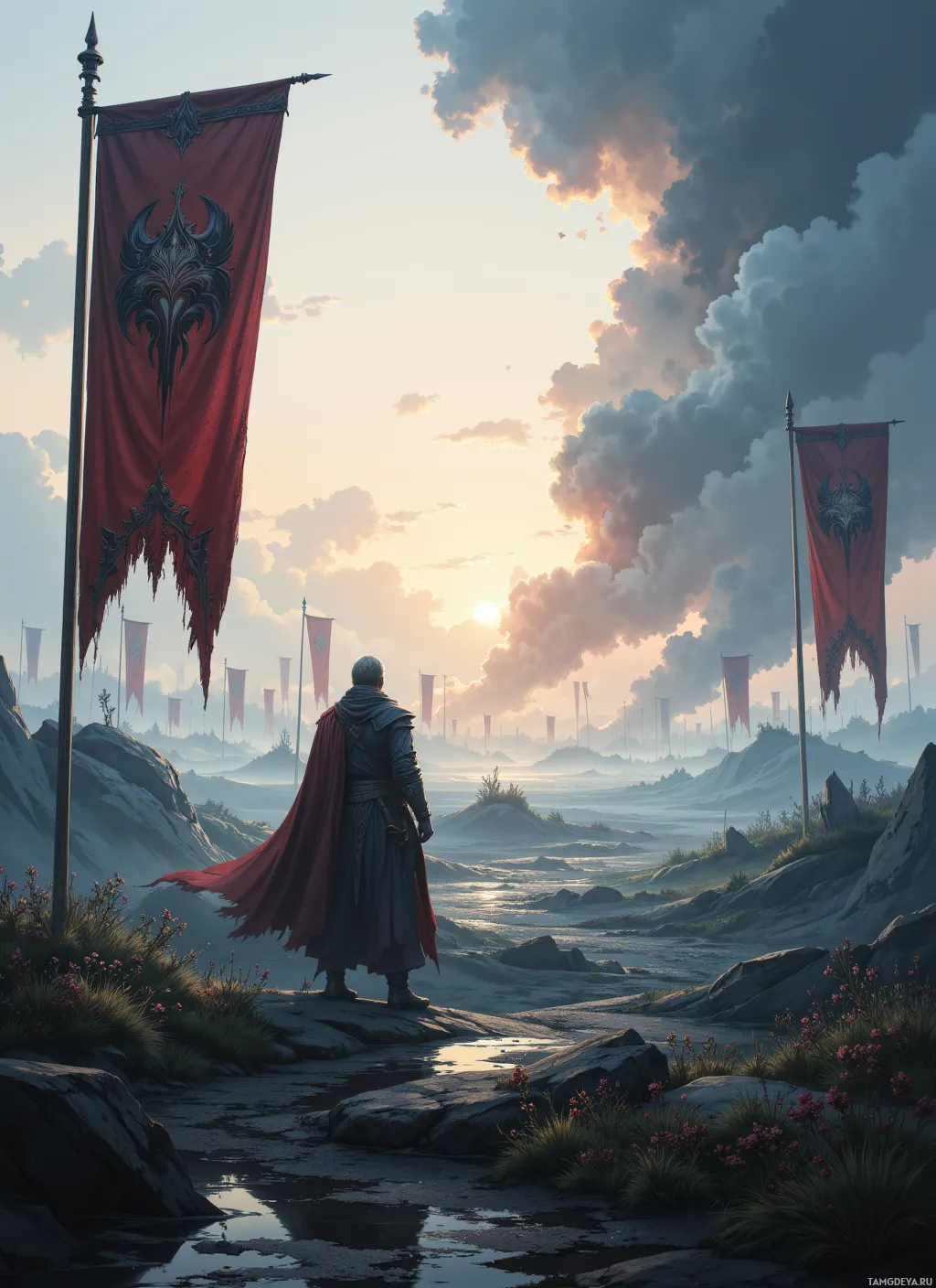 A lone figure stands on a rocky path, gazing at a distant horizon under a dramatic sky.