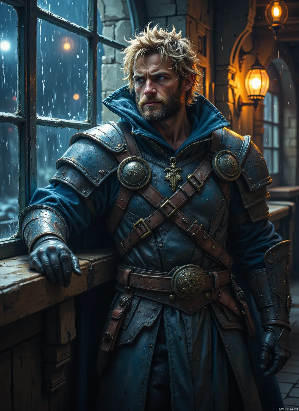 A man in medieval armor stands by a window in a dimly lit room.