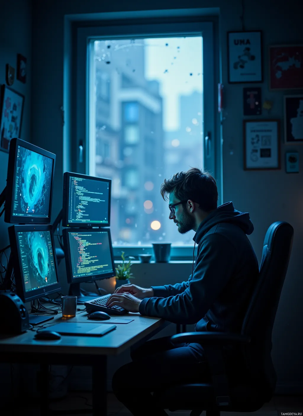 A person works at a desk with multiple monitors displaying code, in a dimly lit room with a window showing a snowy cityscape.