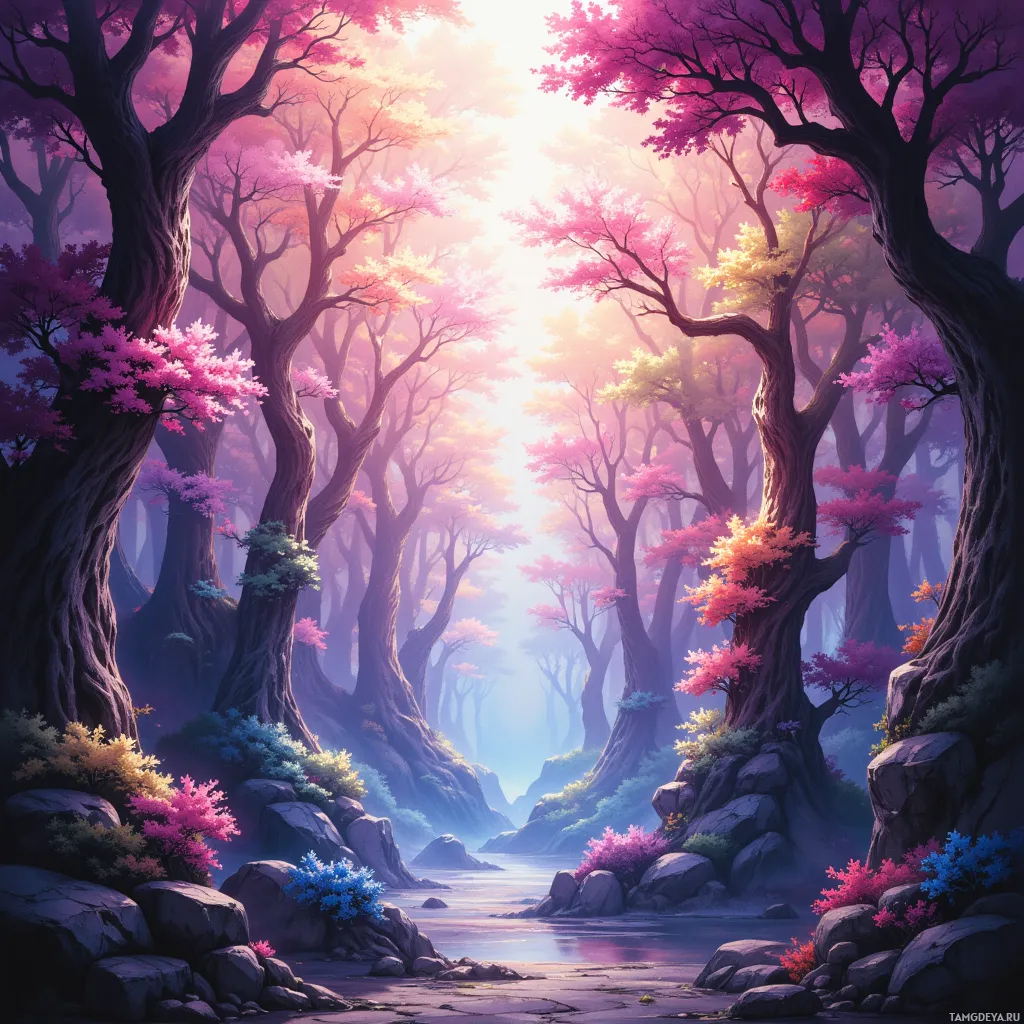 A serene forest scene with tall trees, vibrant pink blossoms, and a calm river flowing through rocky terrain.