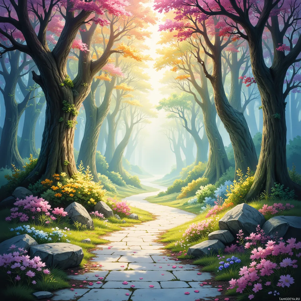 A serene forest path lined with colorful flowers and tall trees bathed in soft sunlight.