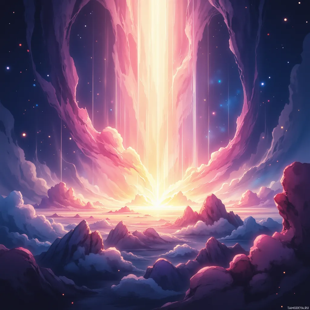 A fantastical landscape featuring a glowing portal in the sky, surrounded by ethereal clouds and distant rocky formations.