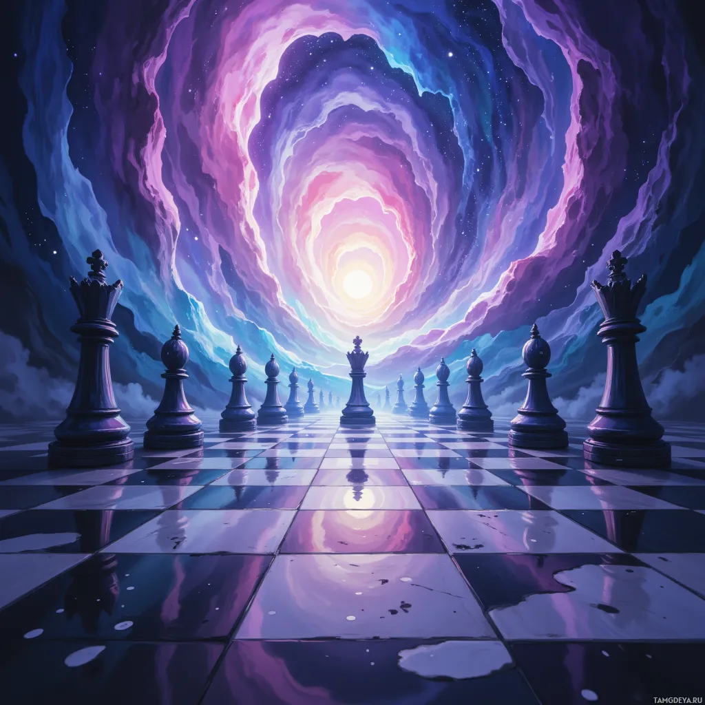 A surreal chessboard scene with chess pieces lined up under a cosmic, swirling tunnel.