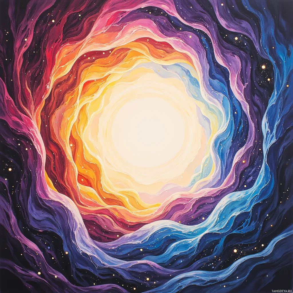 A vibrant, swirling cosmic scene with a bright center and star-like specks.