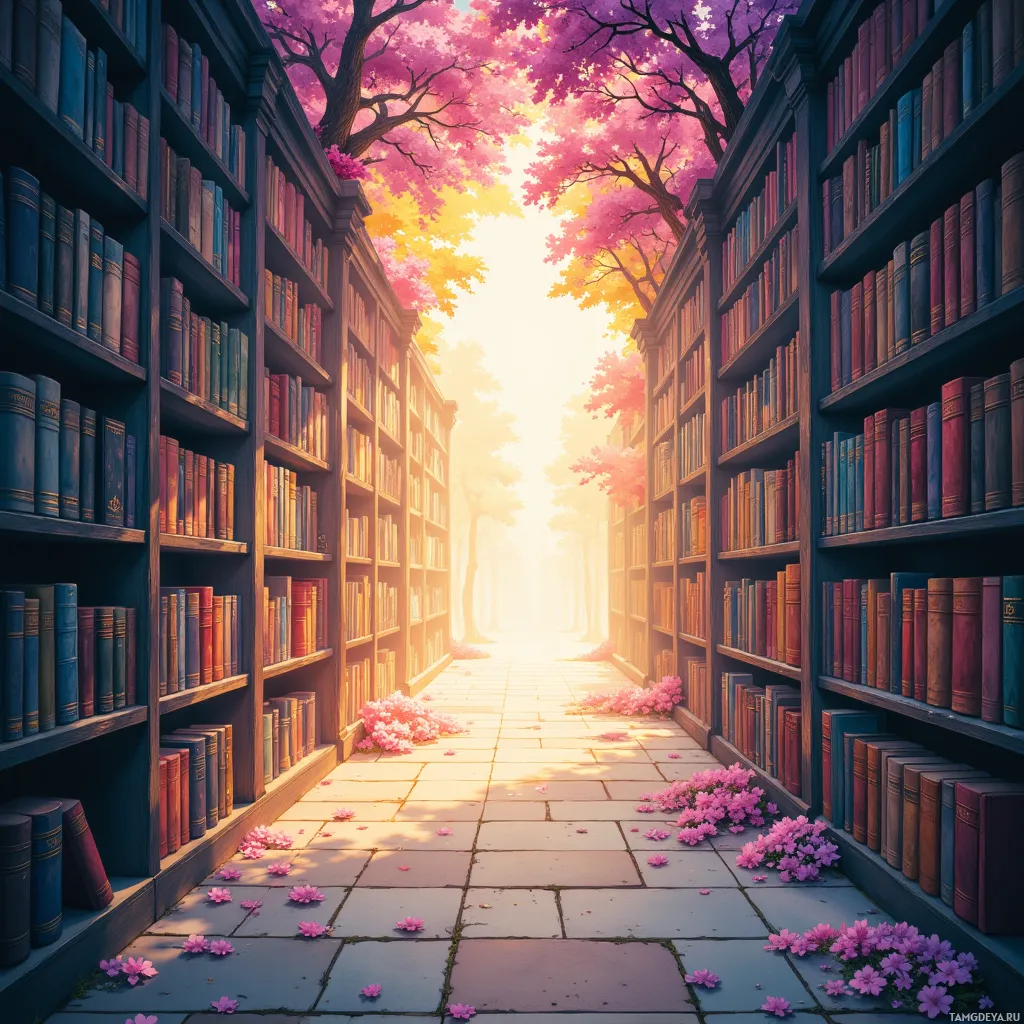 A serene library aisle lined with books, leading to a bright, sunlit path under a blossoming tree.