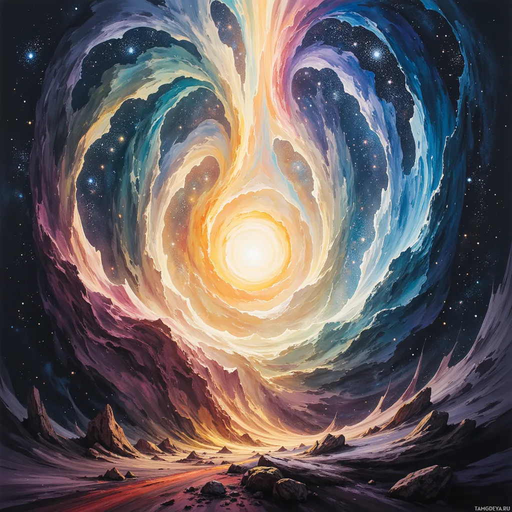 A cosmic scene featuring a swirling galaxy with vibrant colors and a bright central light.