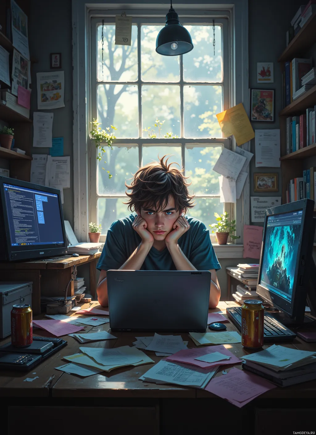 A person sits at a cluttered desk with a laptop, surrounded by books, papers, and a window letting in sunlight.