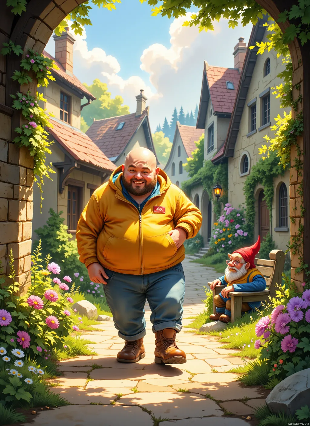 A man in a yellow jacket walks down a picturesque village street, with a small gnome sitting on a bench nearby.