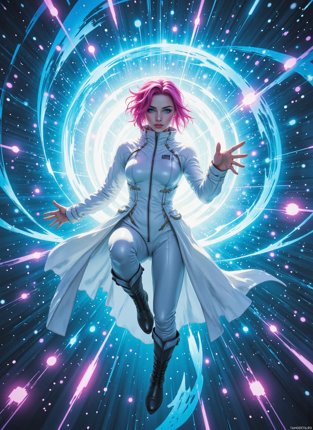 A character with pink hair stands in a futuristic, glowing environment.