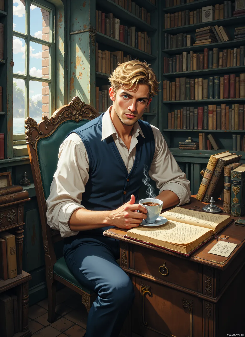 A man sits at a desk in a library, holding a cup of coffee and surrounded by books.