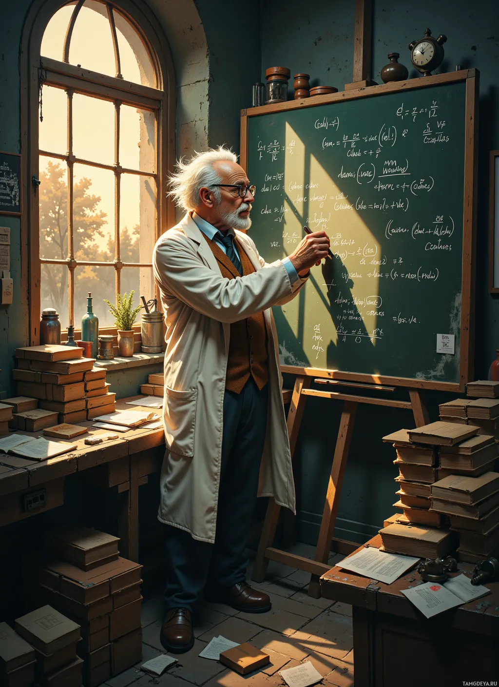 An older man in a lab coat stands at a chalkboard, writing equations in a classroom setting.