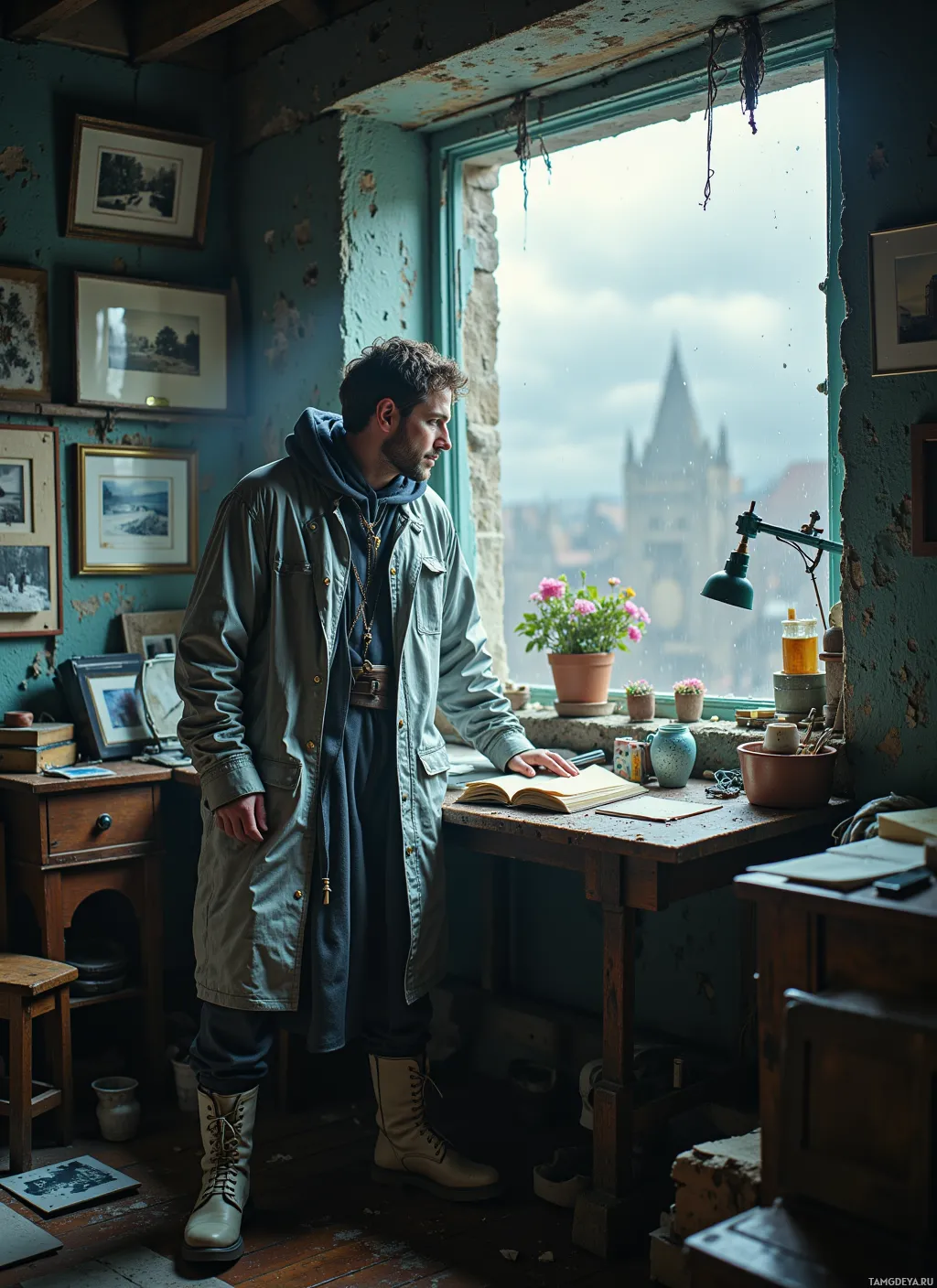 A man stands in a rustic room, gazing out a window with a view of a distant tower.