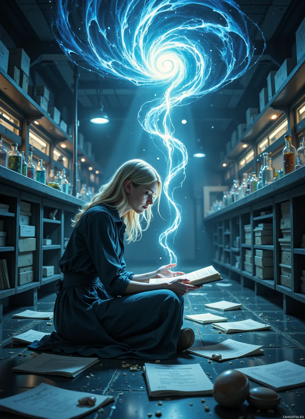 A woman sits in a dimly lit room surrounded by shelves, reading a book with a swirling blue energy above her head.