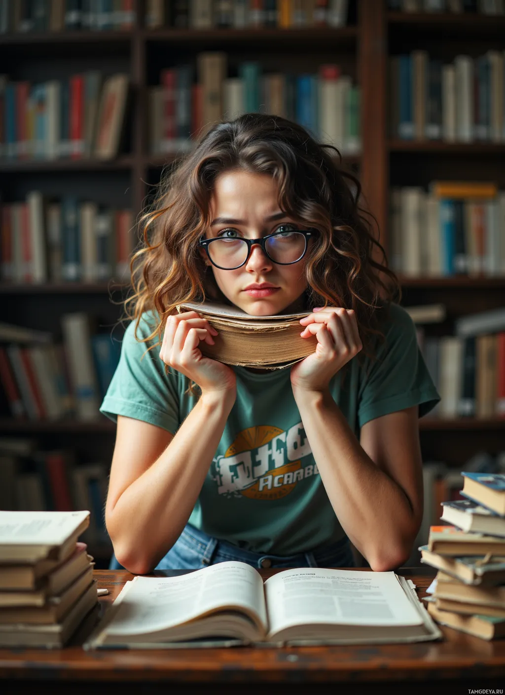 A person wearing glasses and a green shirt is holding an open book in front of their face, surrounded by books on a wooden table and shelves.