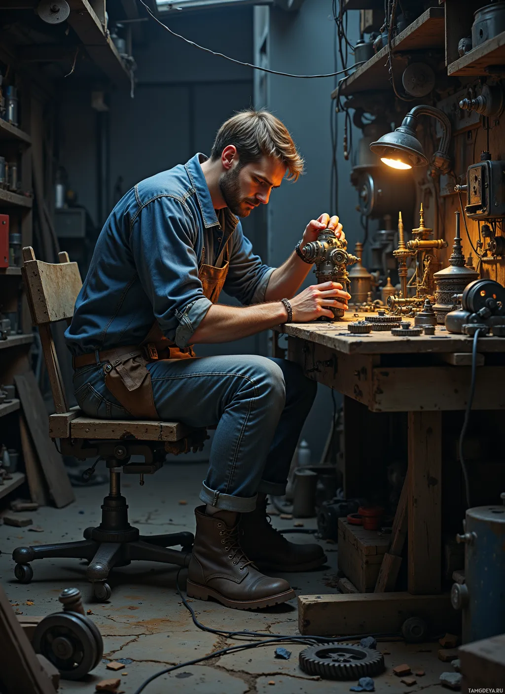 A man works on a mechanical device in a workshop.