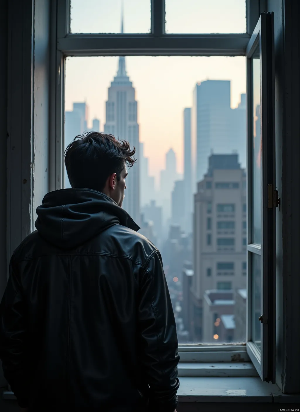 A person in a leather jacket stands by an open window, gazing at a cityscape.