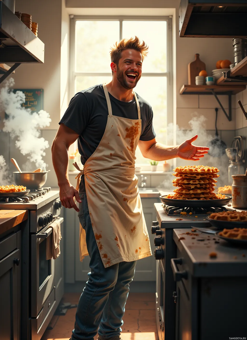 A man in a kitchen wearing an apron, smiling, with a stack of waffles on a plate.