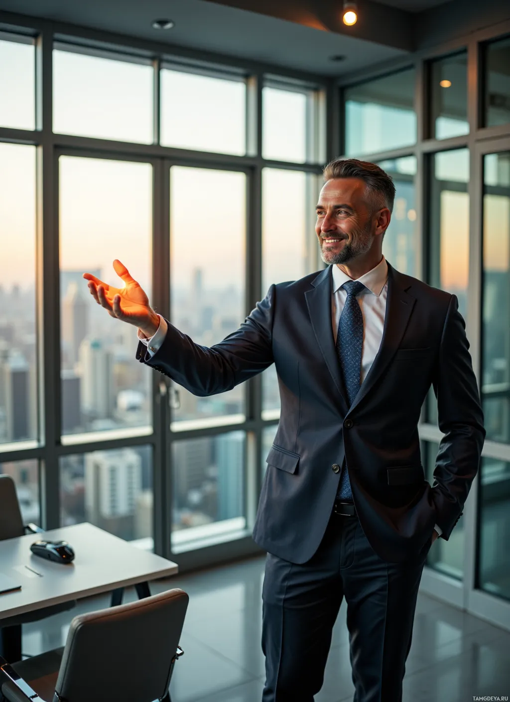 A man in a suit stands in a modern office with large windows, gesturing outward.