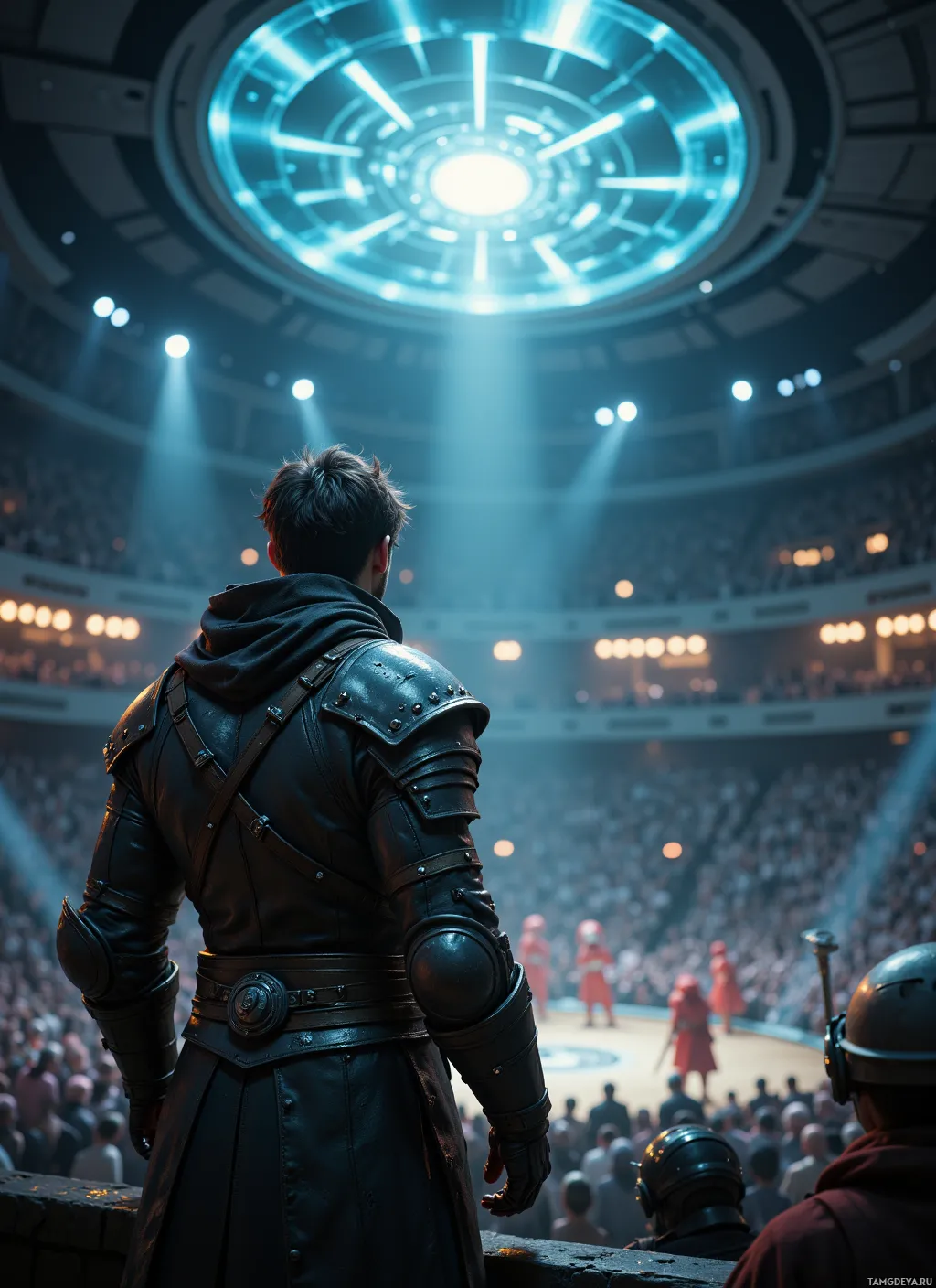 A person in armor stands in a large arena, facing a bright, circular light source above.