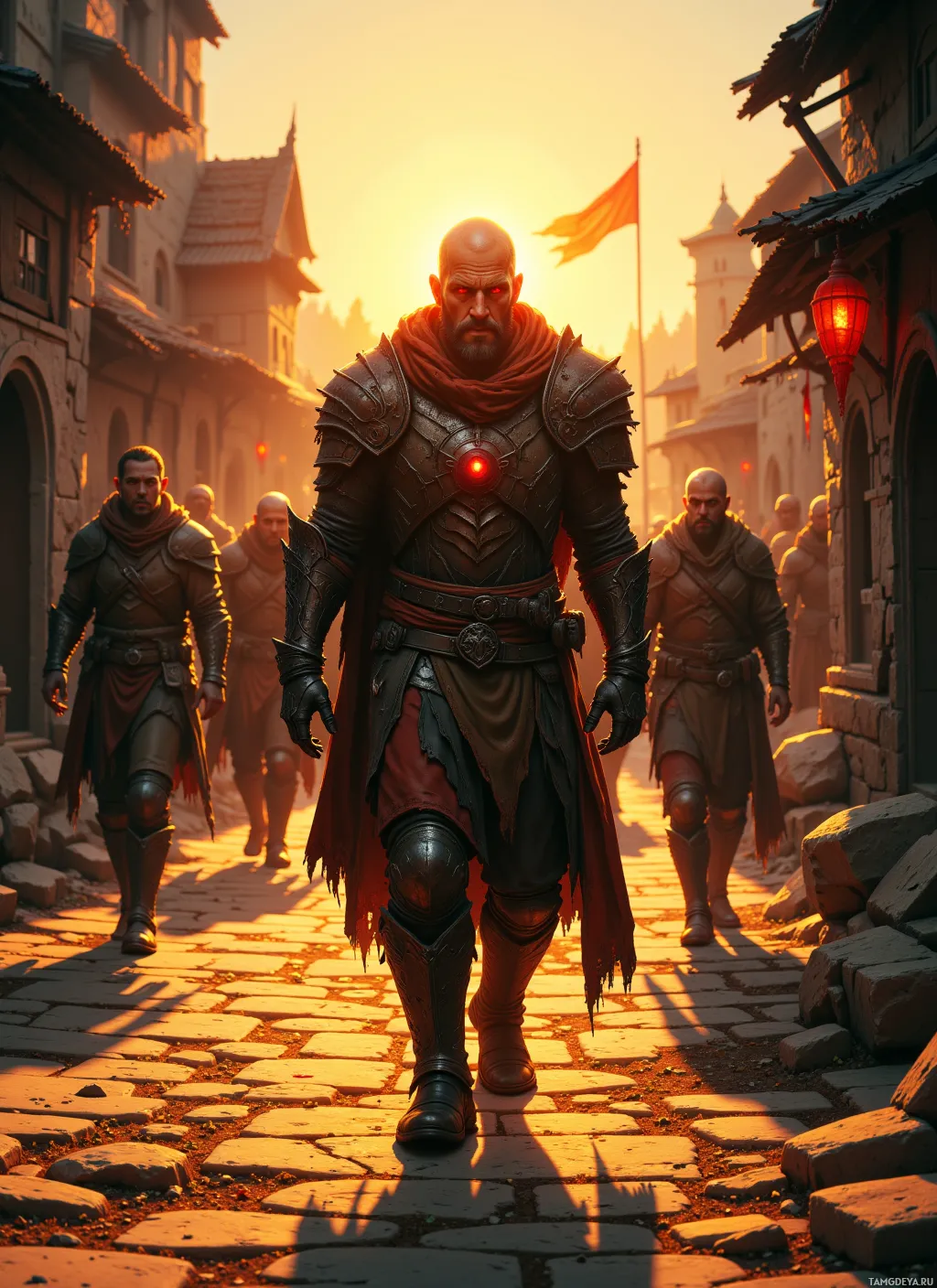 A group of armored warriors walks down a cobblestone street in a medieval town at sunset.