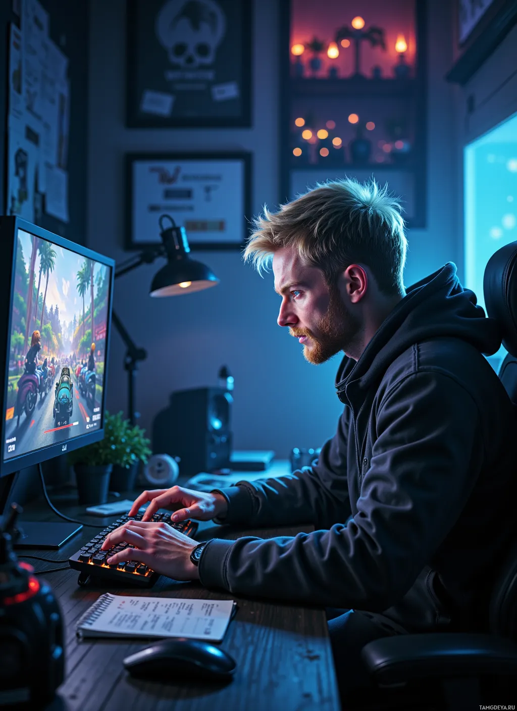 A person is sitting at a desk, focused on a computer screen displaying a racing game.