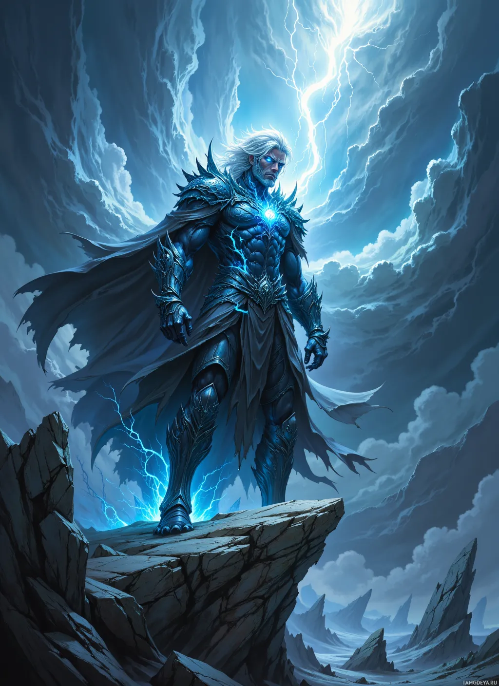 A powerful, armored figure stands atop a rocky cliff under a stormy sky, surrounded by lightning.