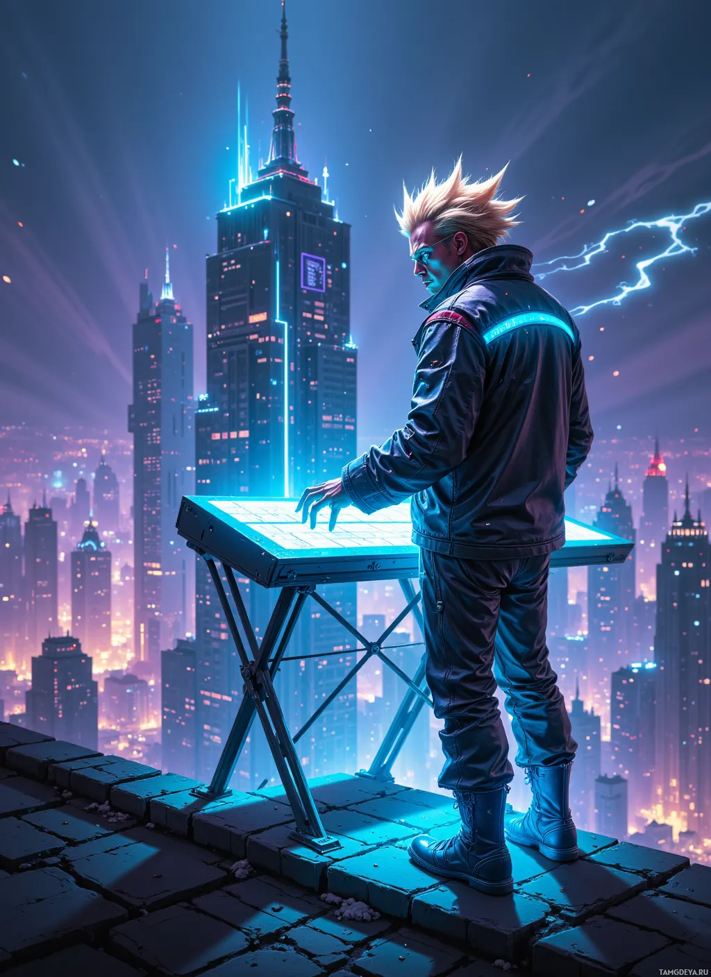A person stands on a rooftop overlooking a futuristic cityscape at night, illuminated by neon lights.